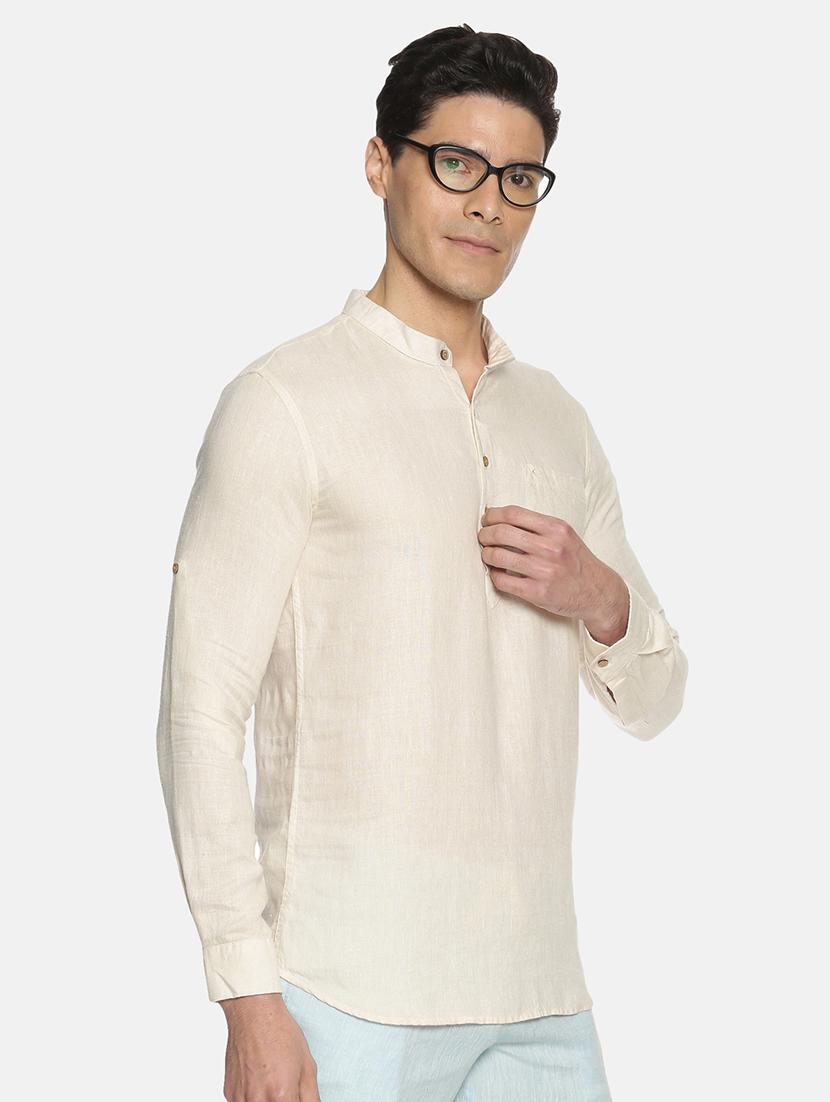 cream solid linen short kurta - 17860053 -  Standard Image - 1
