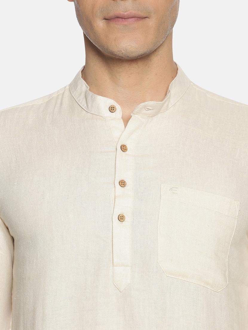 cream solid linen short kurta - 17860053 - Standard Image - 4
