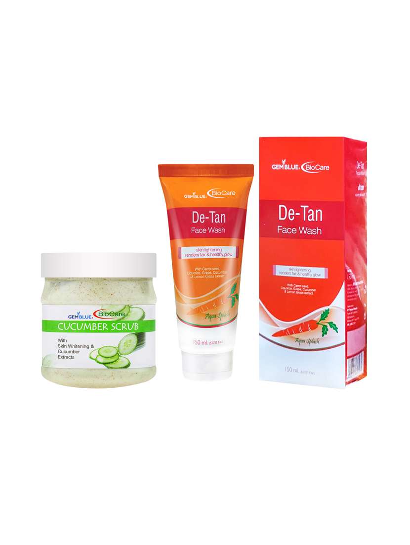 gemblue biocare  cucumber scrub, 500ml and de-tan face wash, 150ml