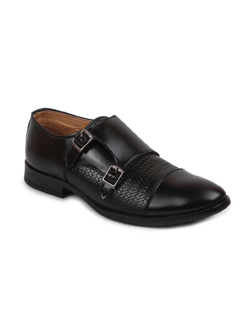black pu slip on monk straps