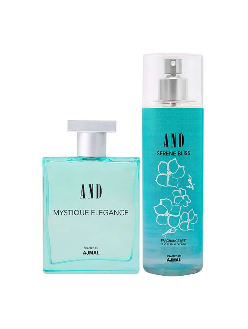and mystique elegance eau de parfum 100ml & serene bliss body mist 200ml pack of 2 for women crafted by ajmal + 2 parfum testers