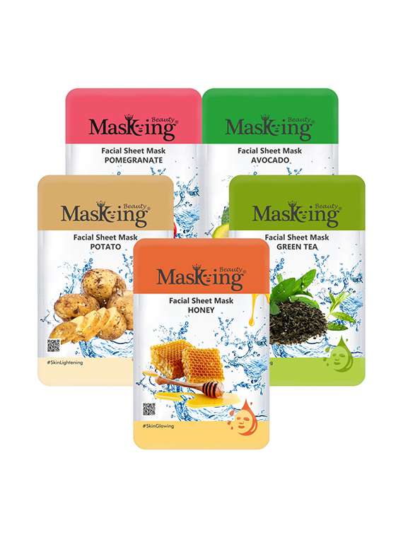 masking beauty facial sheet mask for skin lightening, nourishing, brightening & glowing for women & men combo pack of 5