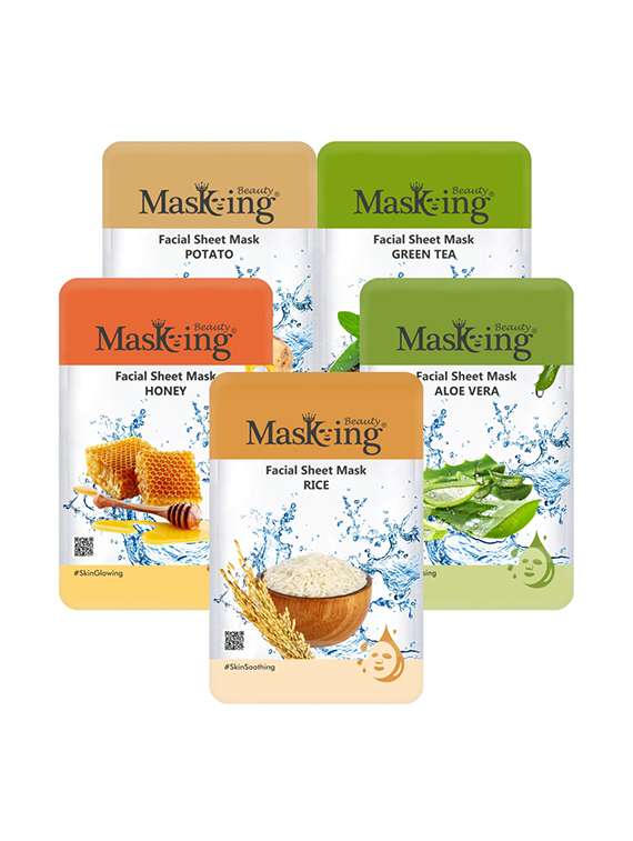 masking beauty facial sheet mask for skin lightening, hydrating, glowing & soothing for women & men combo pack of 5