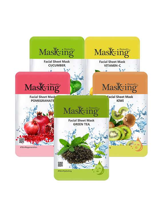 masking beauty facial sheet mask for skin calming, brightening, lightening & glowing for women & men combo pack of 5