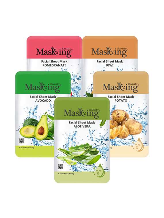 masking beauty facial sheet mask for skin lightening, nourishing, moisturizing & glowing for women & men combo of 5