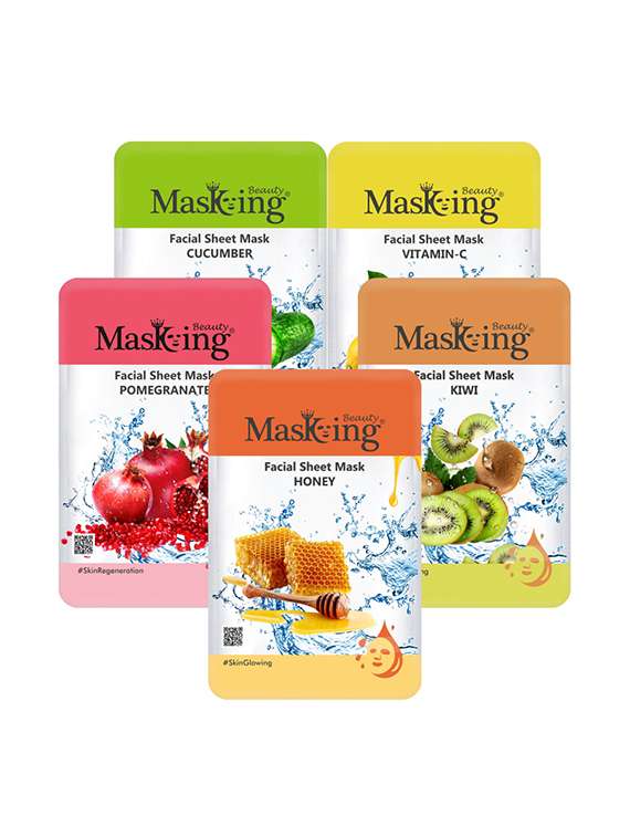 masking beauty facial sheet mask for skin calming, brightening, regenerating & glowing for women & men combo pack of 5