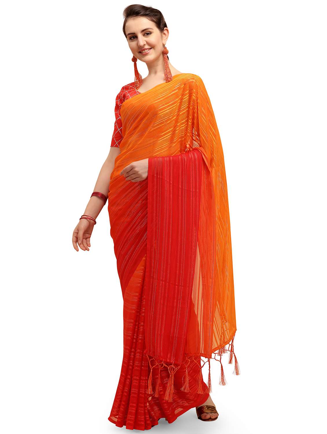 women's stripes red colored saree with blouse