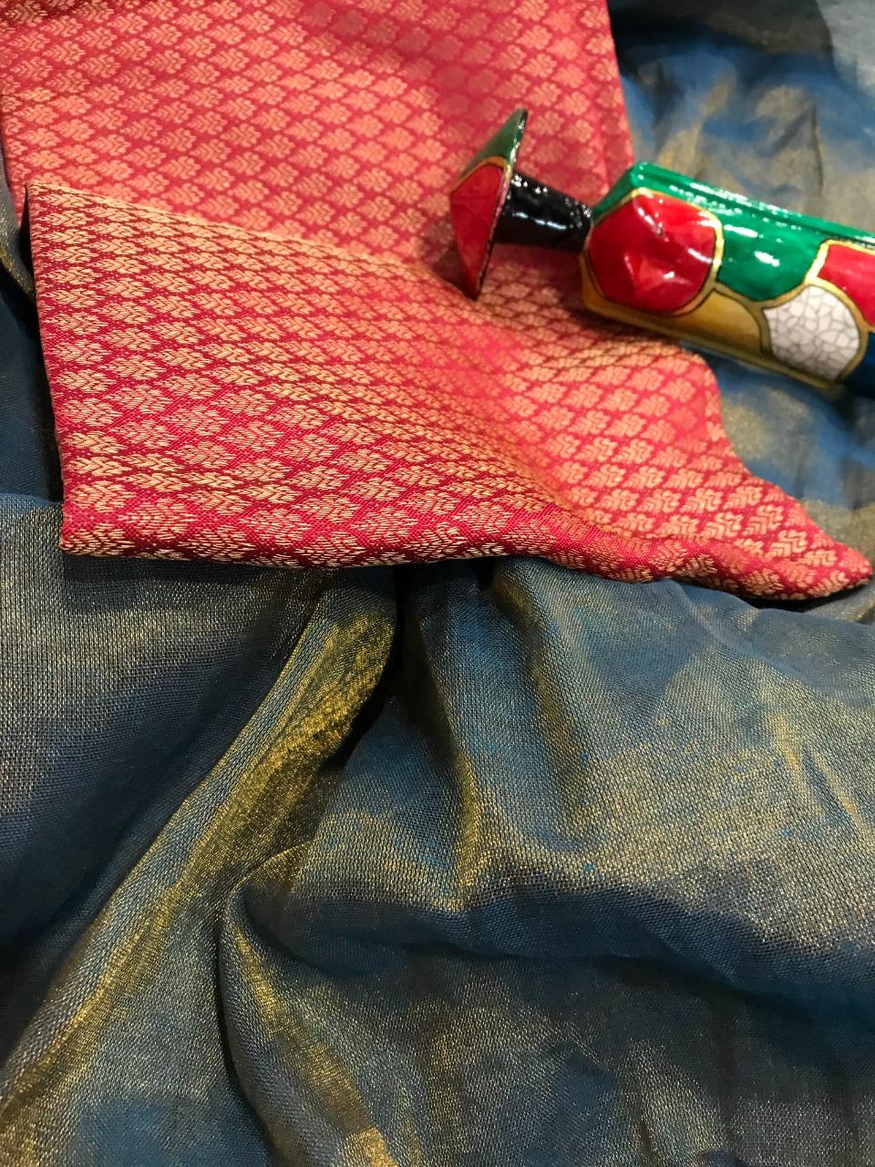 tissue cotton saree with brocade blouse  - 17872963 -  Standard Image - 1