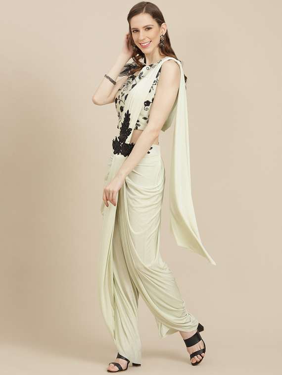 women's solid with work off white colored saree