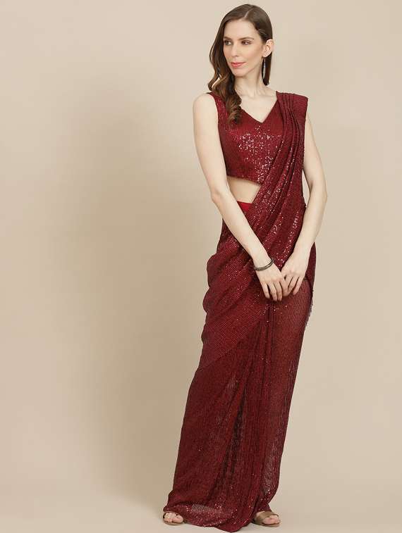 women's solid with work maroon colored saree with blouse
