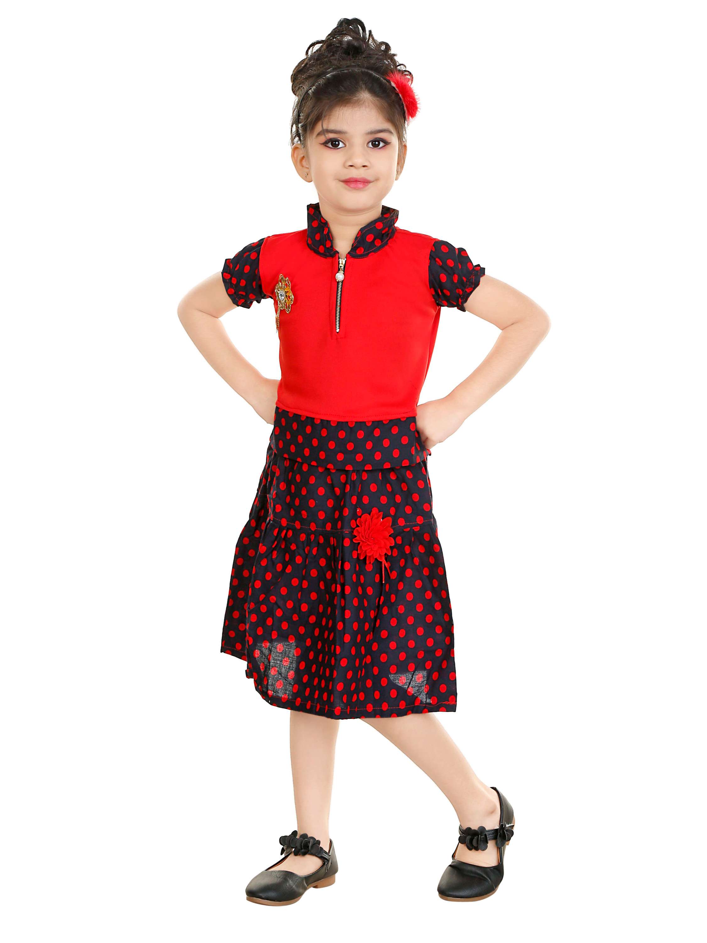 negup girls midi/knee length party dress red top & skirt  (multicolor, half sleeve) - 17882514 -  Standard Image - 1