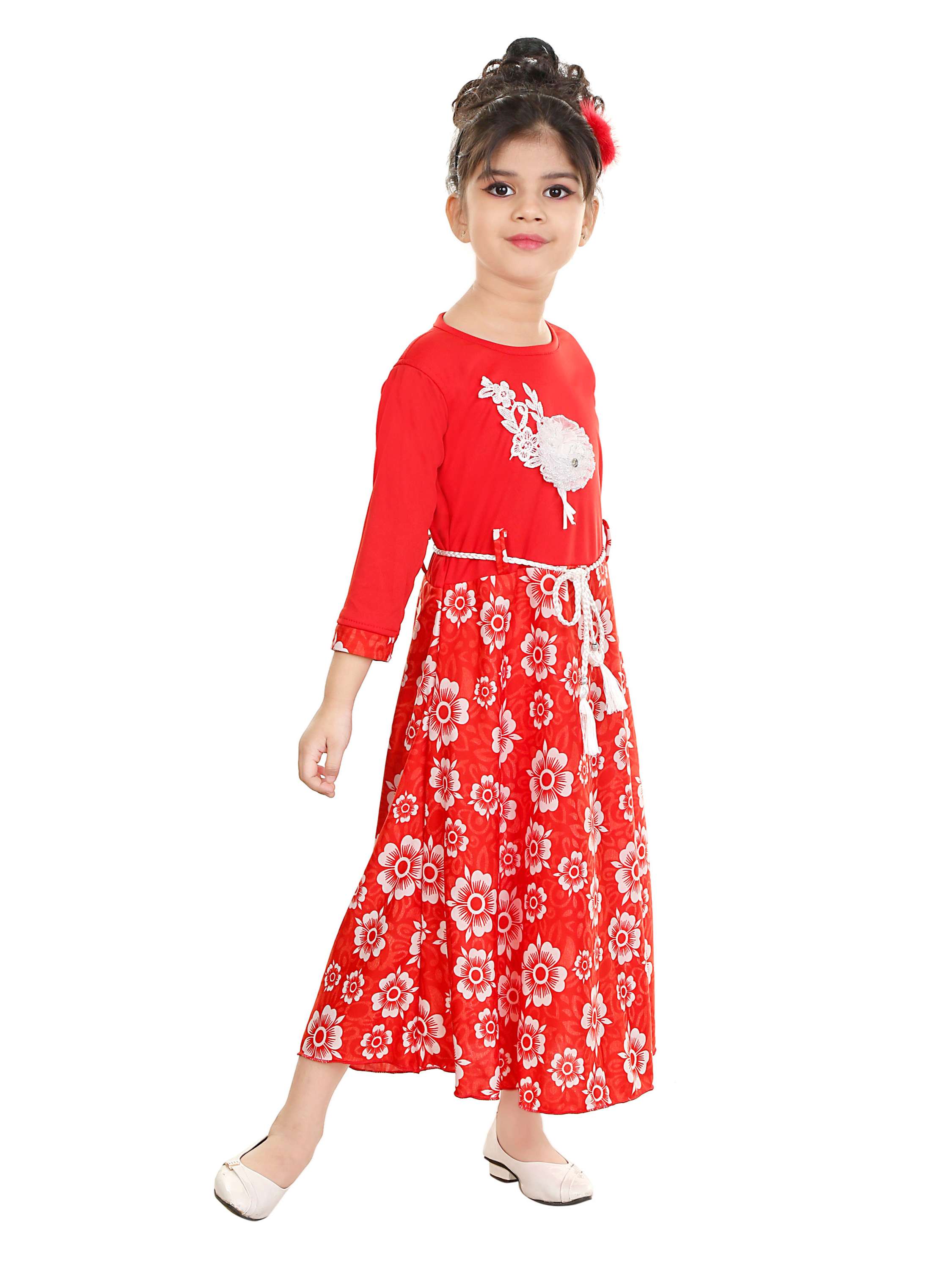 negup girls calf length party dress grown  (red, full sleeve) - 17882578 -  Standard Image - 1