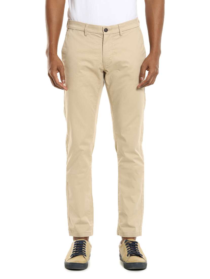 beige solid flat front casual trouser