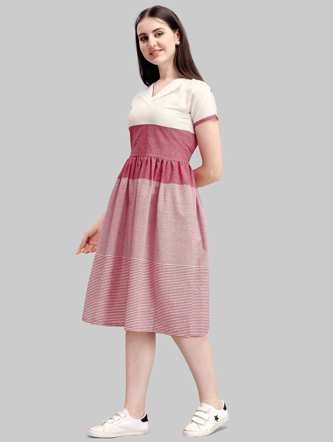 v-neck striped fit & flare dress - 17885617 - Standard Image - 1