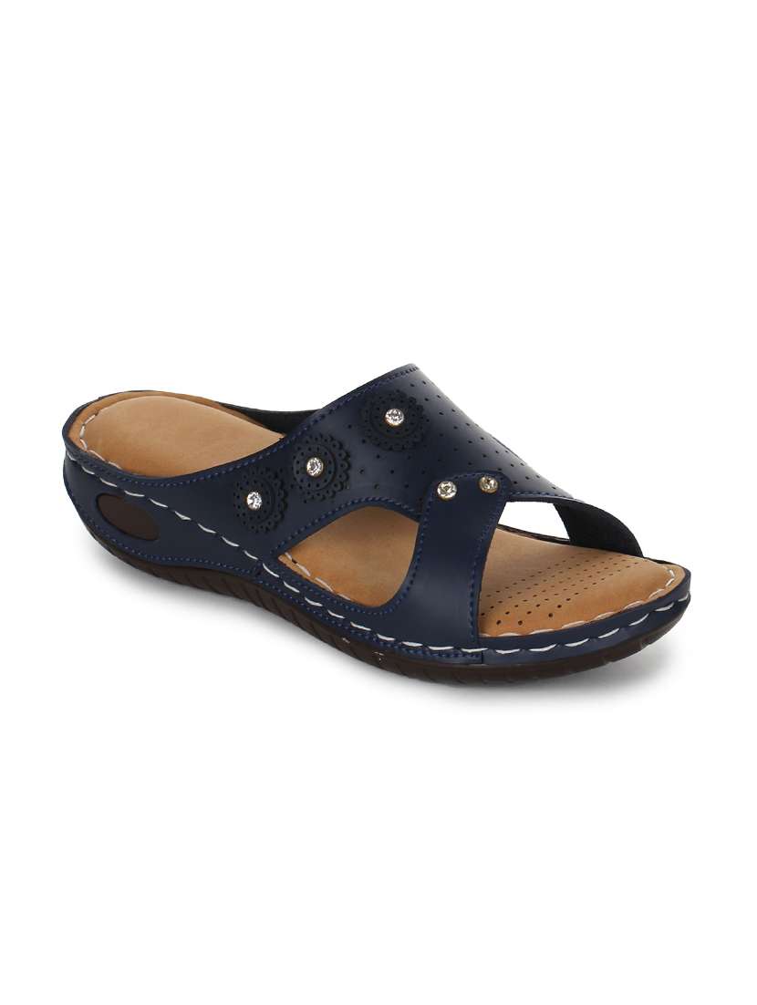 blue synthetic slip on sandals