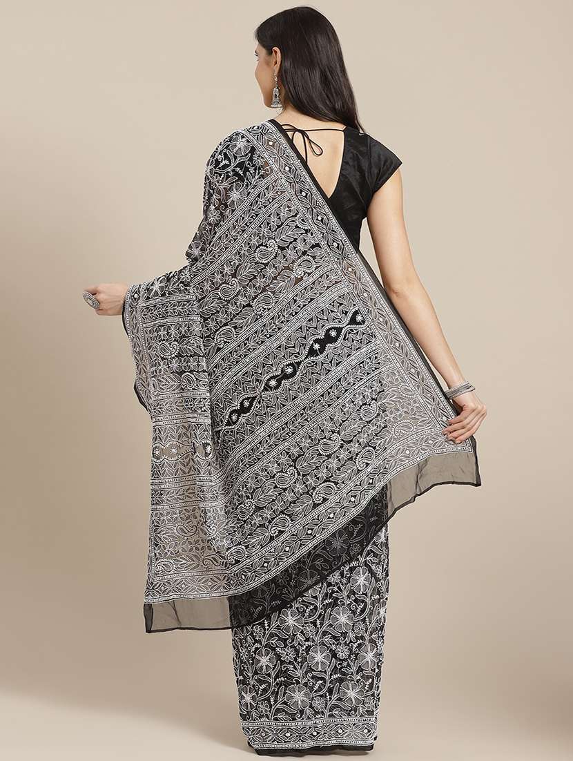 ada hand-embroidered black chikankari saree with blouse - 17893686 -  Standard Image - 1