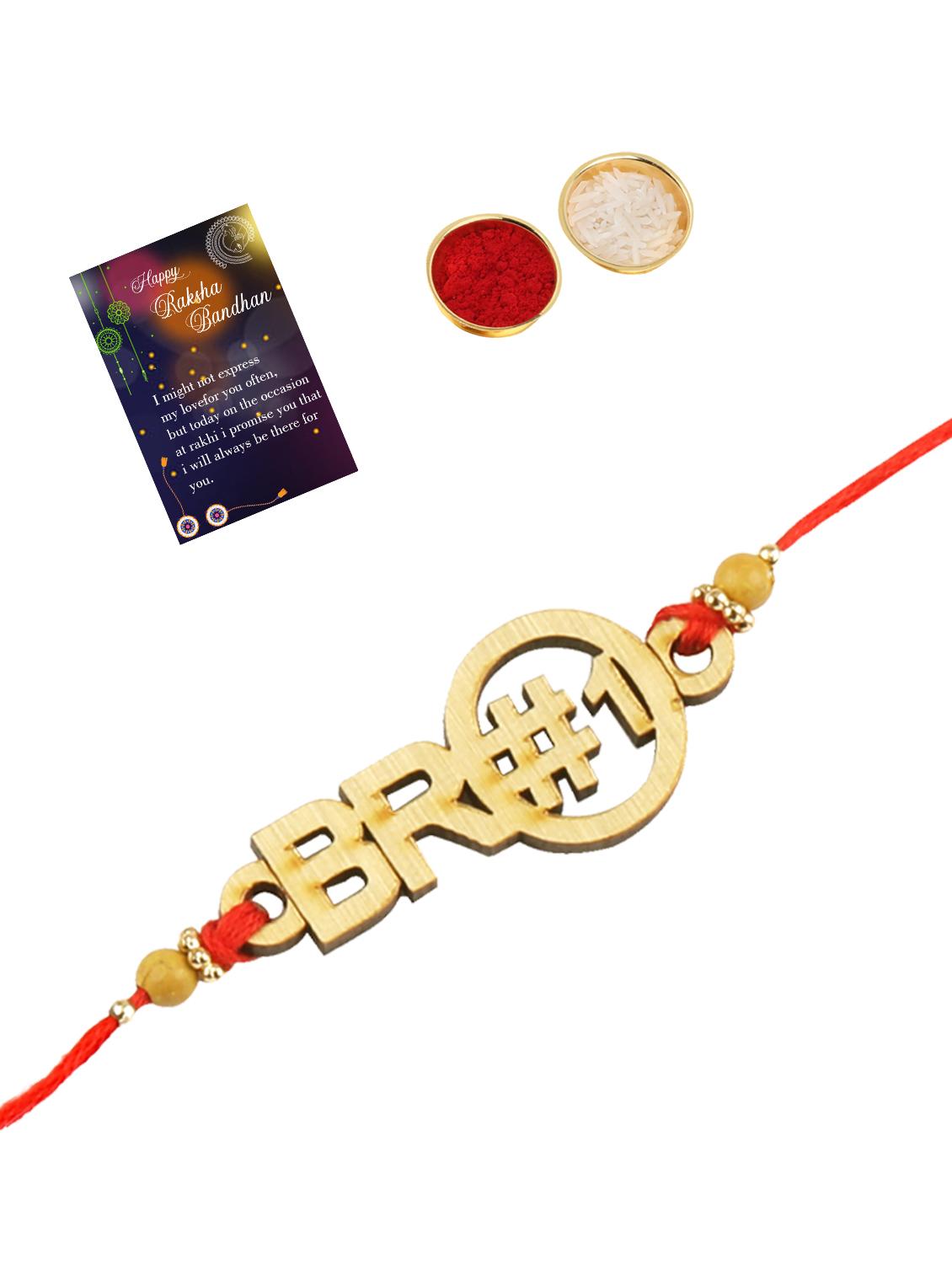 red colored gold plated thread rakhi with roli chawal and greeting card - 17900772 - Standard Image - 1