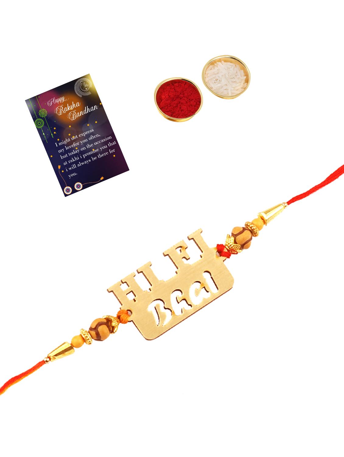 orange colored gold plated thread rakhi with roli chawal and greeting card - 17900774 - Standard Image - 1