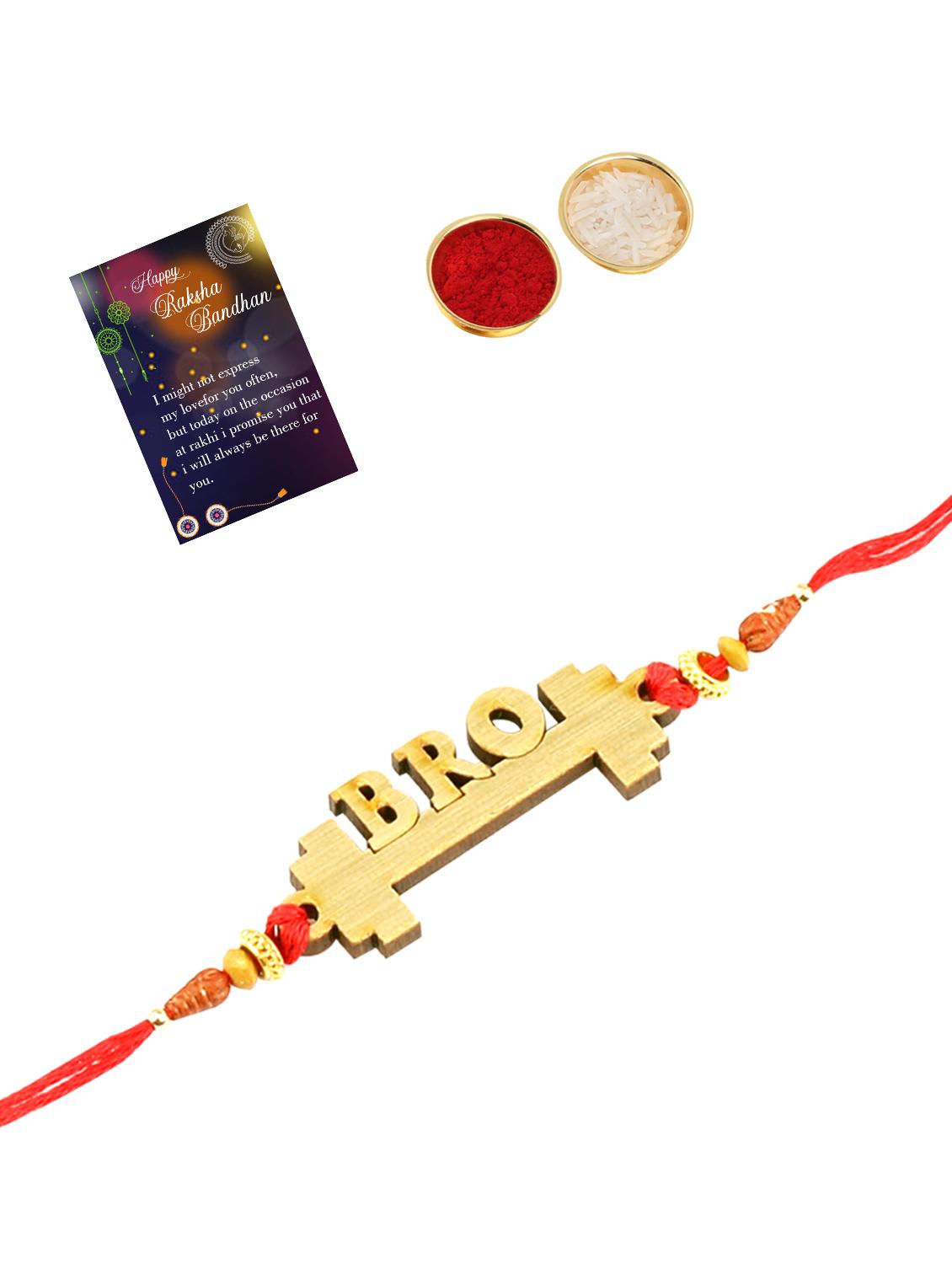 red colored gold plated thread rakhi with roli chawal and greeting card - 17900781 - Standard Image - 1
