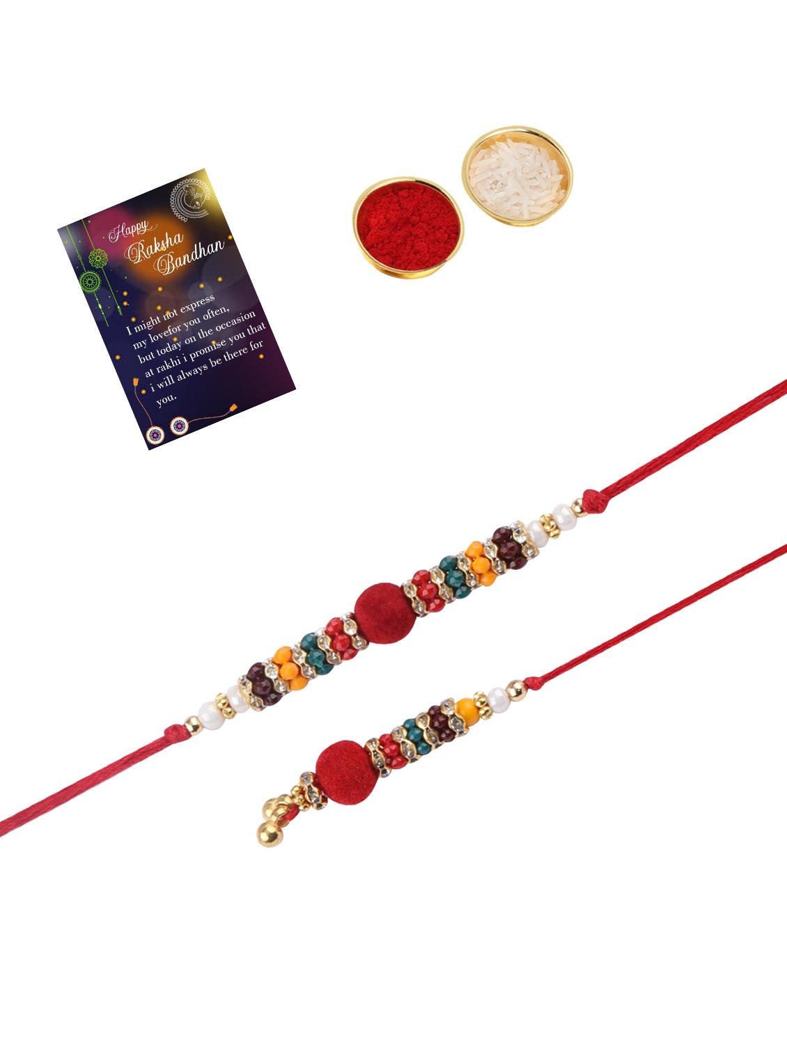 red handcrafted thread rakhi with roli chawal and greeting card - 17900788 - Standard Image - 1