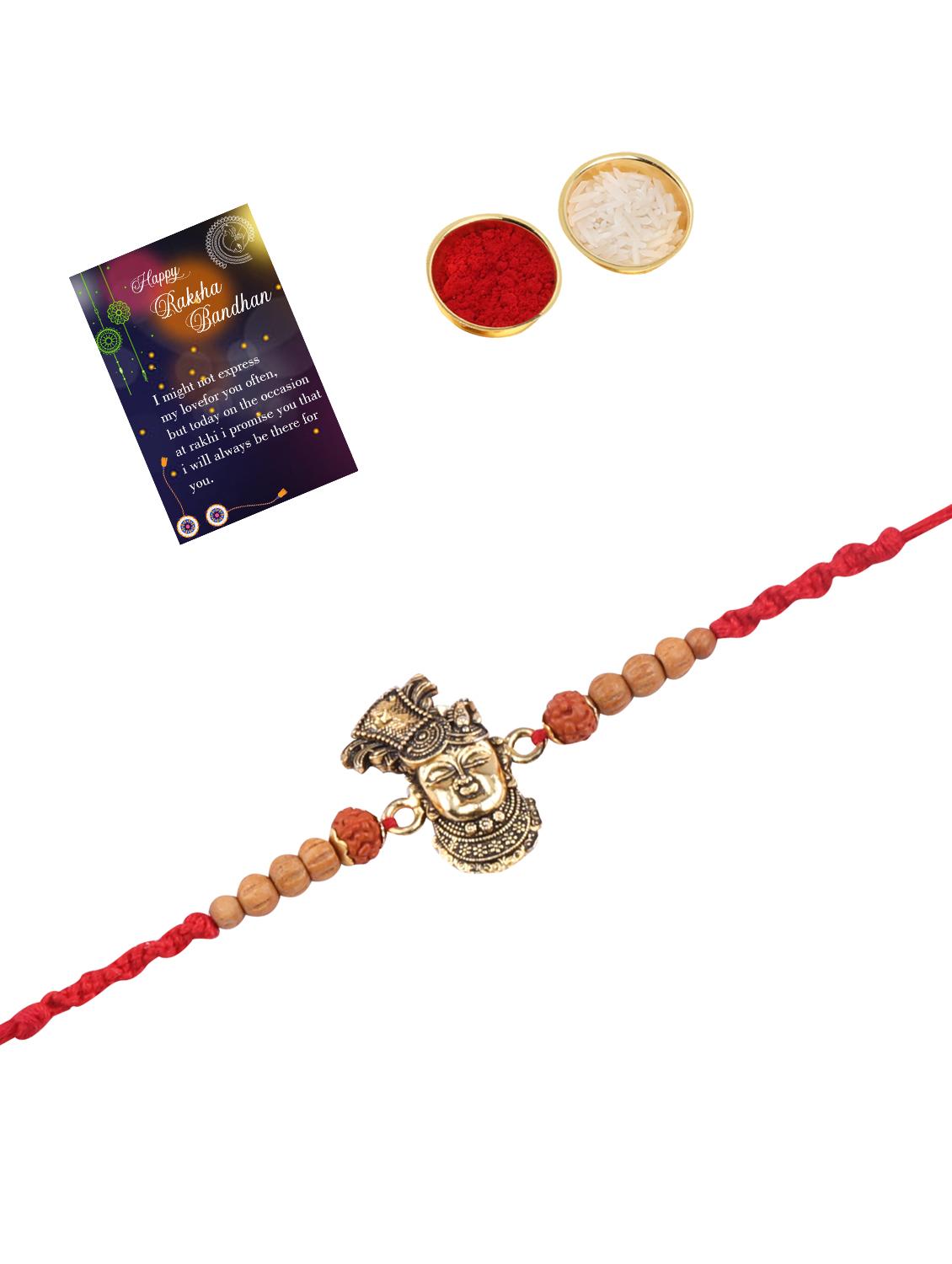red gold plated thread rakhi with roli chawal and greeting card - 17900790 - Standard Image - 1