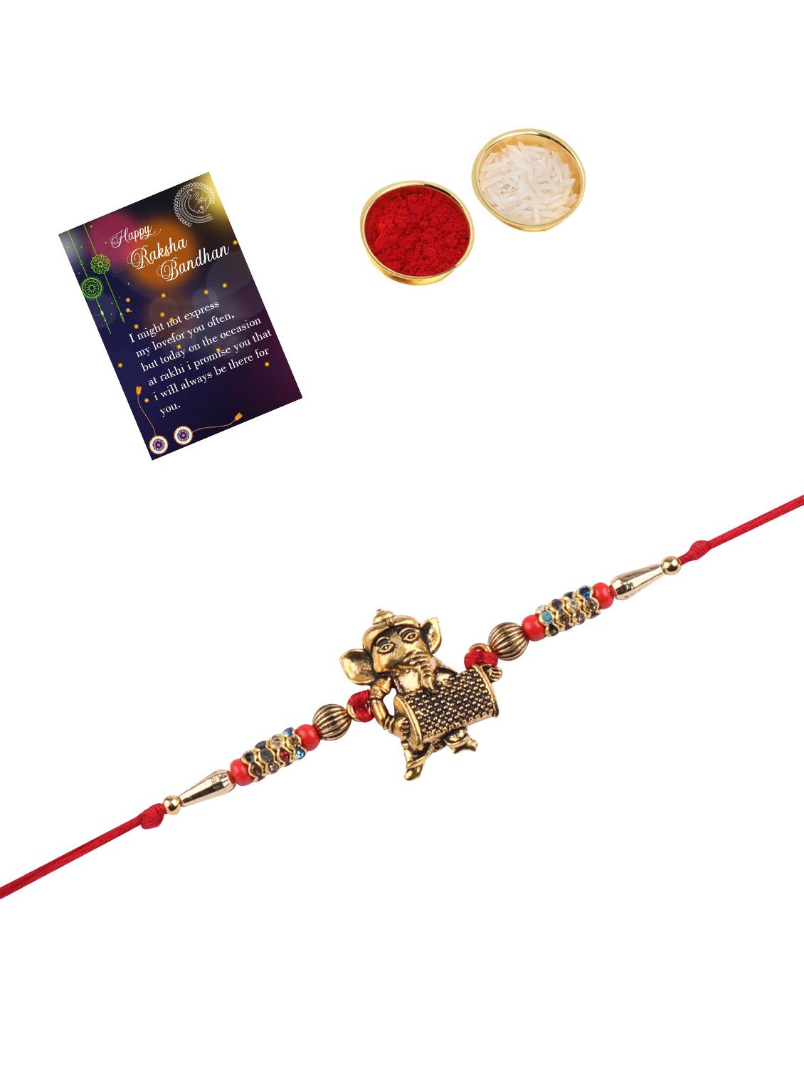 red gold plated thread rakhi with roli chawal and greeting card - 17900794 - Standard Image - 1