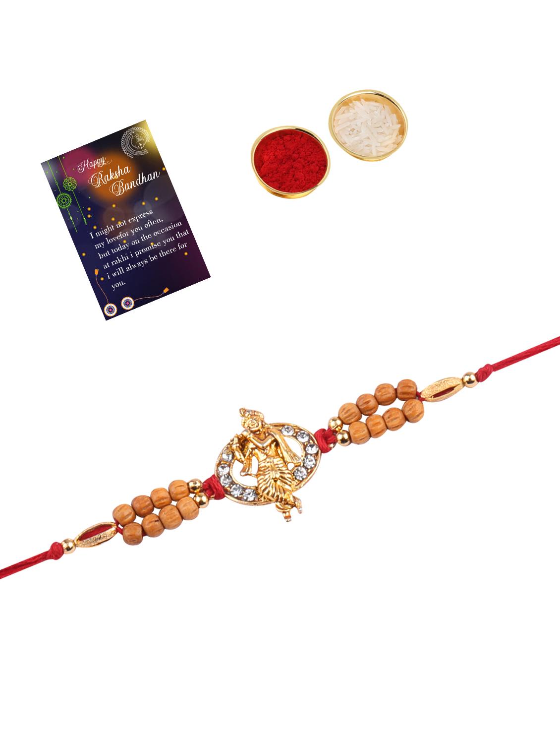 red gold plated thread rakhi with roli chawal and greeting card - 17900795 - Standard Image - 1