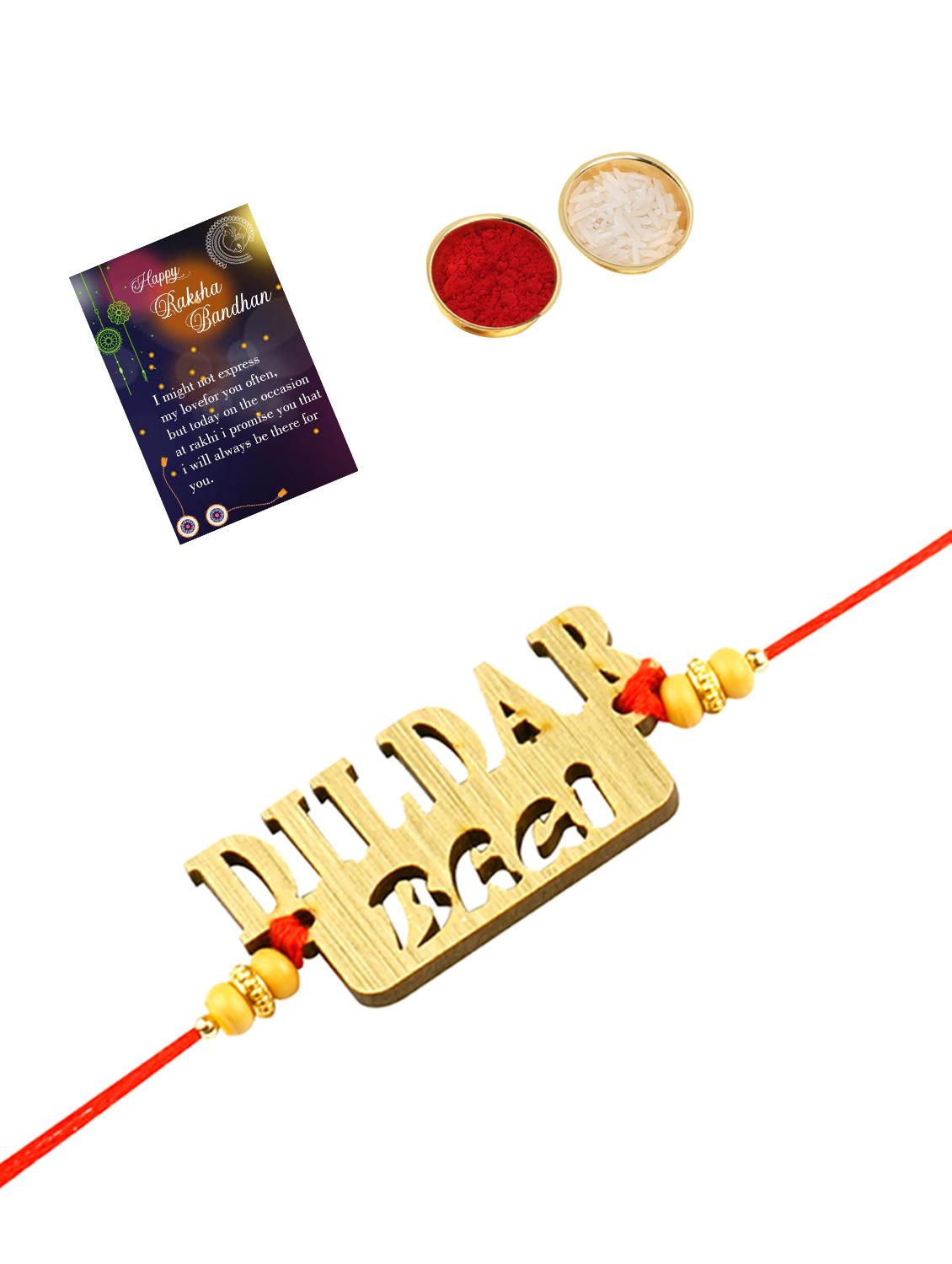 red gold plated thread rakhi with roli chawal and greeting card - 17900797 - Standard Image - 1