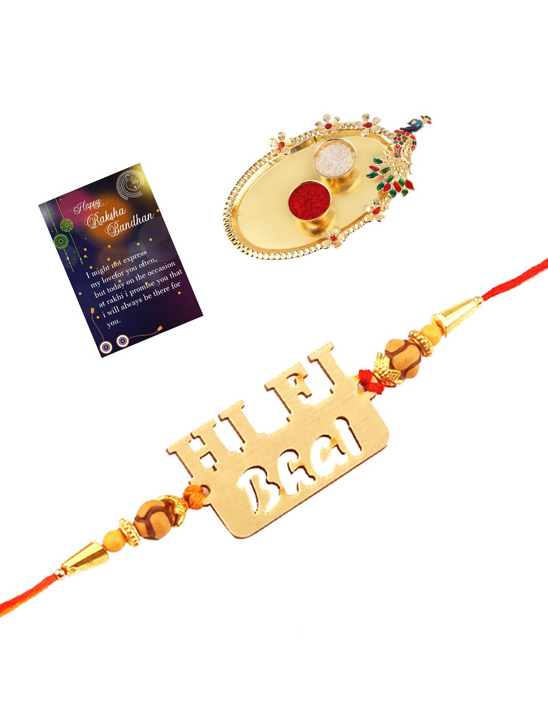 orange gold plated thread rakhi with roli chawal kankawati thali and greeting card - 17900805 - Standard Image - 1