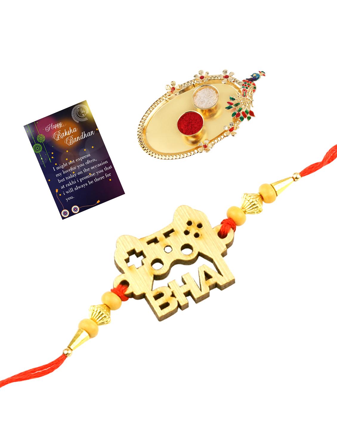 red gold plated thread rakhi with roli chawal kankawati thali and greeting card - 17900807 - Standard Image - 1