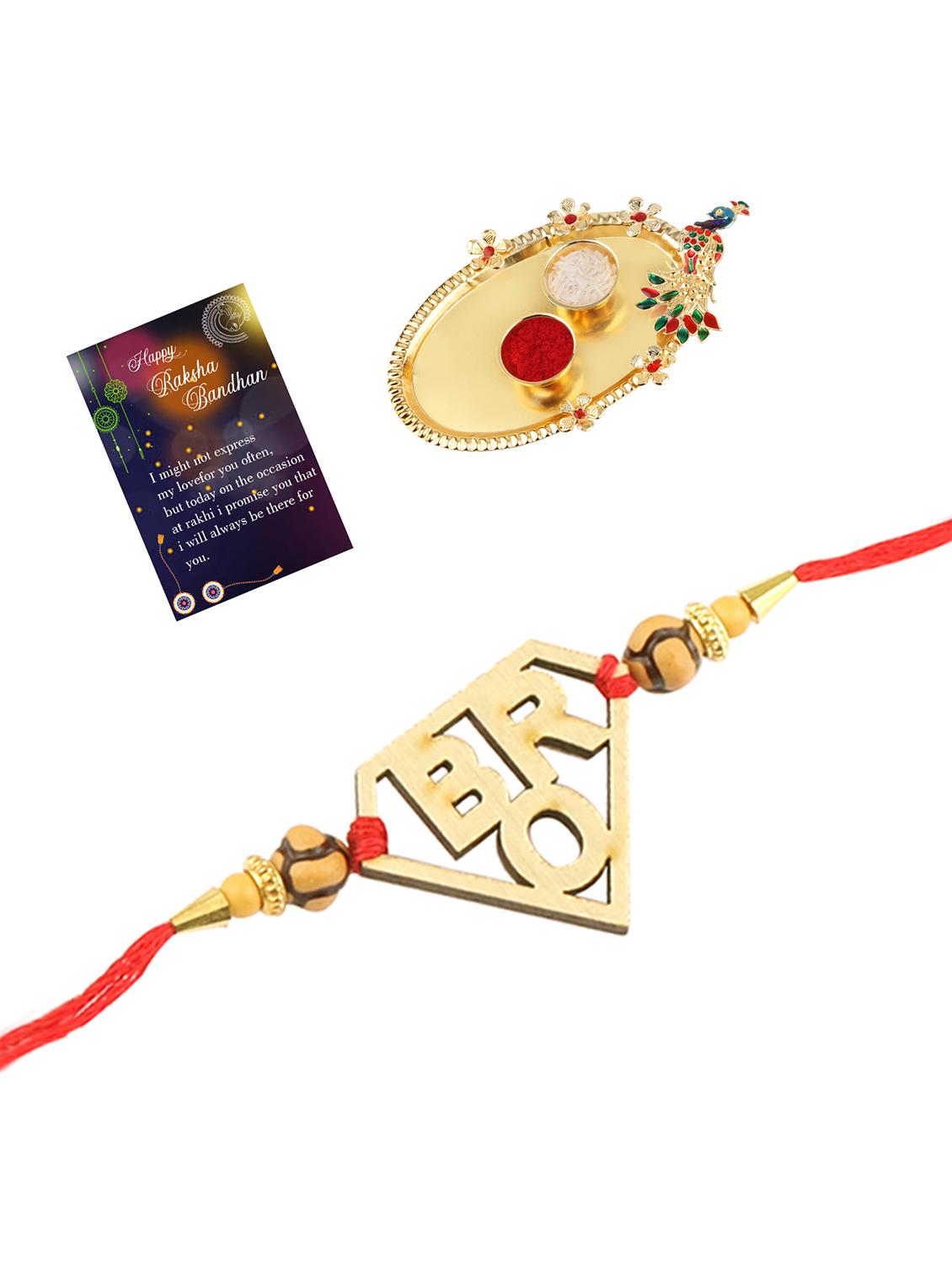 red gold plated thread rakhi with roli chawal kankawati thali and greeting card  - 17900808 -  Standard Image - 1