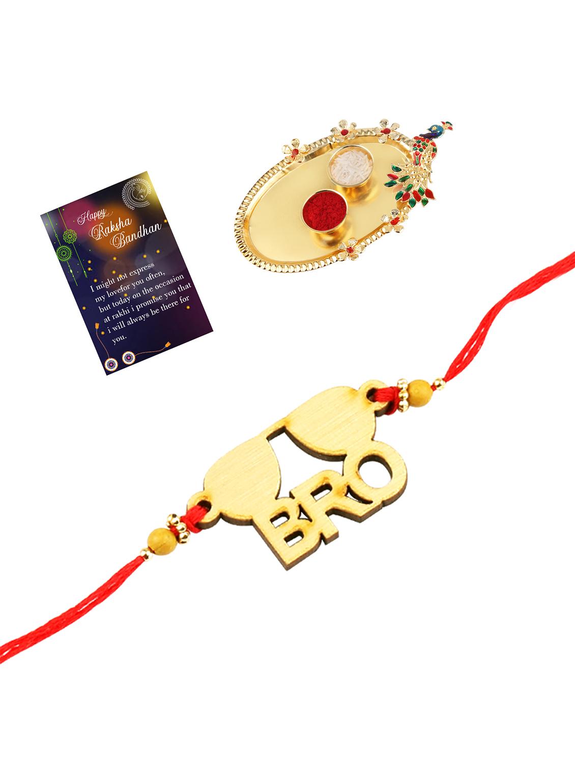 red gold plated thread rakhi with roli chawal kankawati thali and greeting card - 17900815 - Standard Image - 1