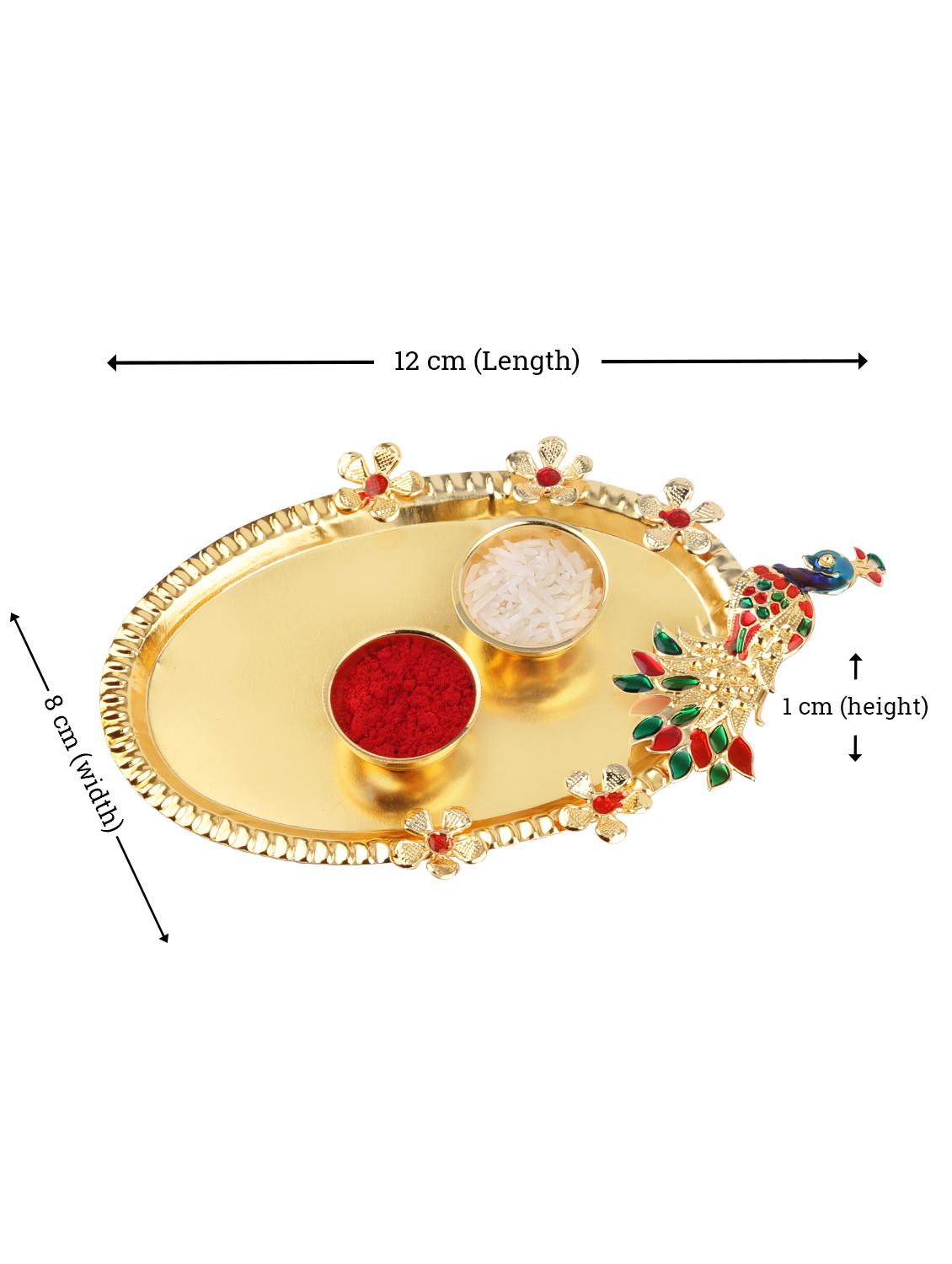 red gold plated thread rakhi with roli chawal kankawati thali and greeting card - 17900815 - Standard Image - 4