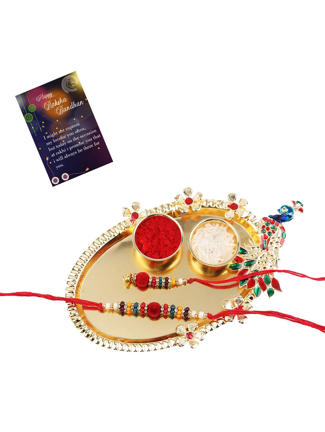 multi colored handcraft thread rakhi with roli chawal kankawati thali and greeting card - 17900820 - Standard Image - 1