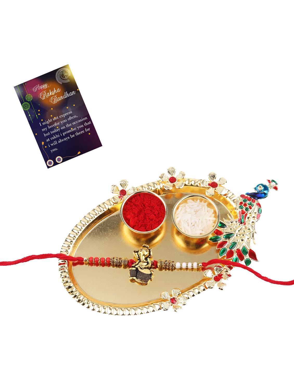 multi colored gold plated thread rakhi with roli chawal kankawati thali and greeting card  - 17900825 -  Standard Image - 1