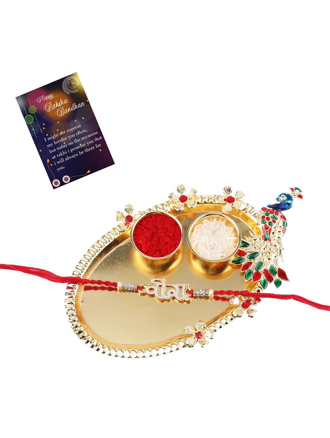 red gold plated thread rakhi with roli chawal kankawati thali and greeting card - 17900830 - Standard Image - 1