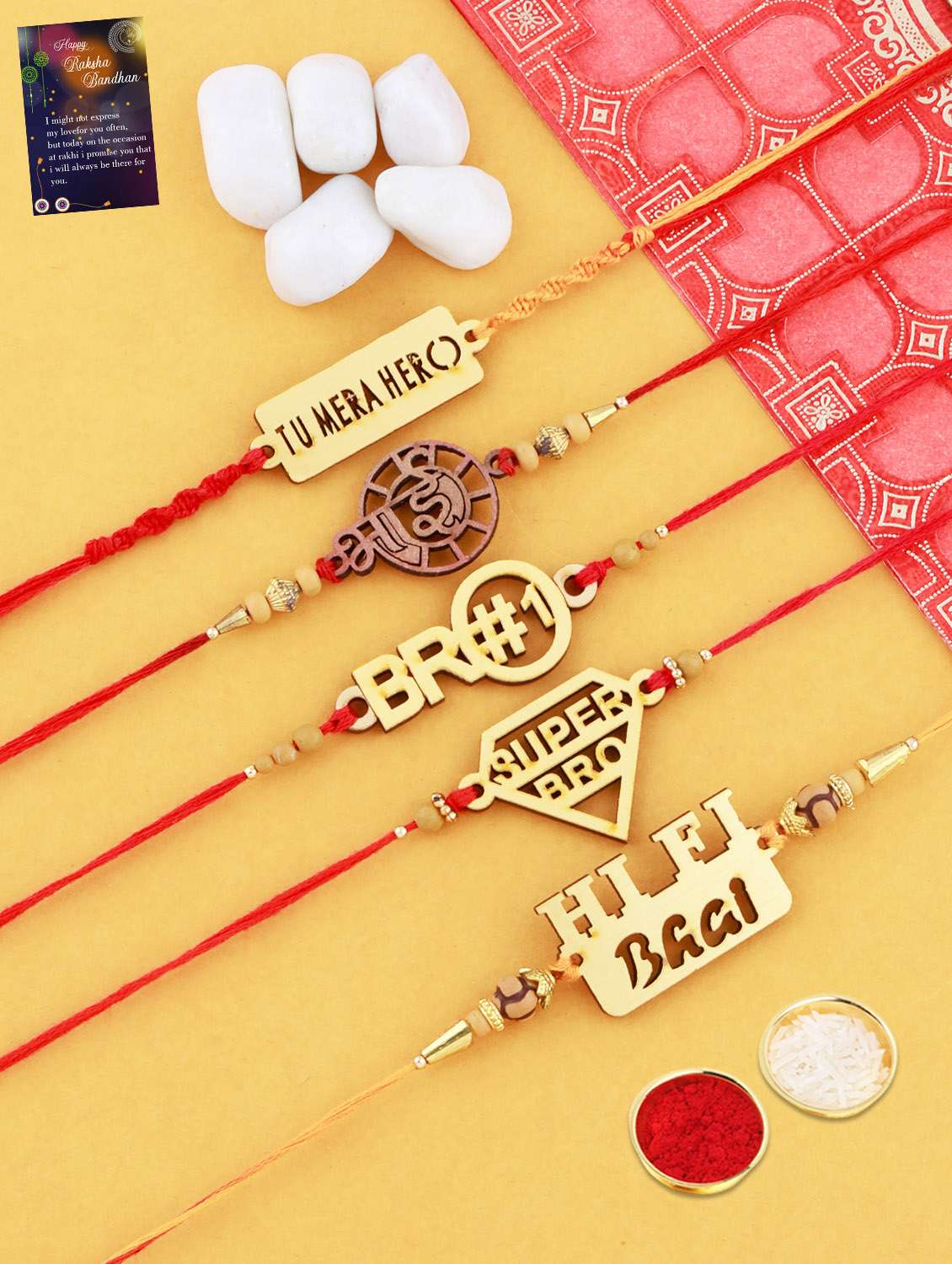 pack of 5 thread rakhi with roli chawal and greeting card  - 17900838 -  Zoom Image - 0