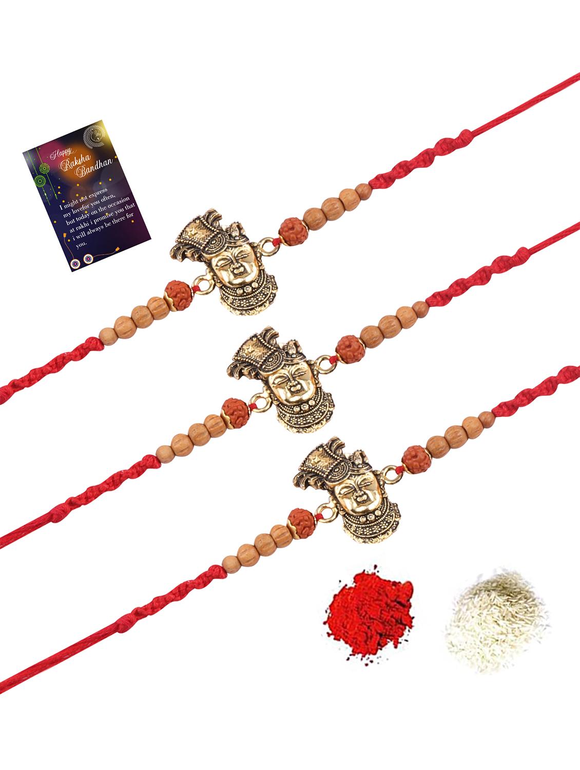 set of 3 gold plated thread rakhi with roli chawal kankawati thali and greeting card  - 17900860 -  Standard Image - 1