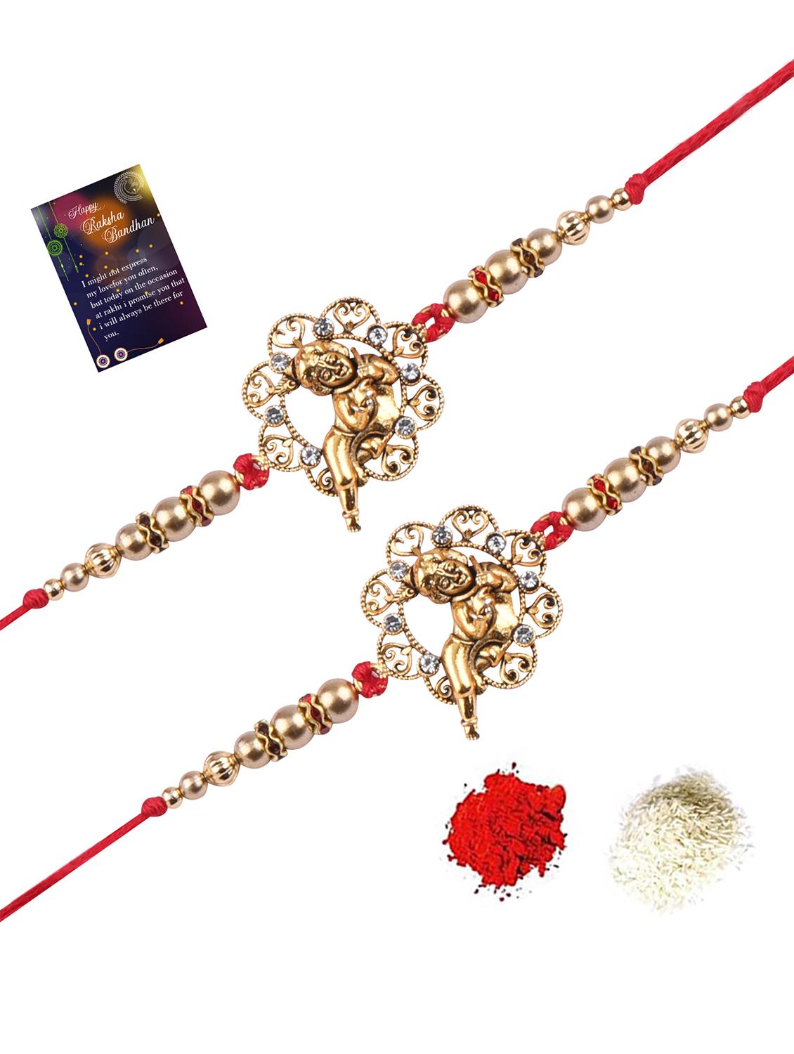 set of 2 gold plated thread rakhi with roli chawal kankawati thali and greeting card - 17900867 - Standard Image - 4