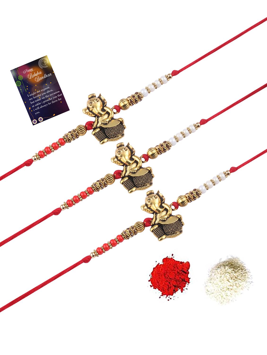 set of 3 gold plated thread rakhi with roli chawal kankawati thali and greeting card - 17900872 - Standard Image - 1