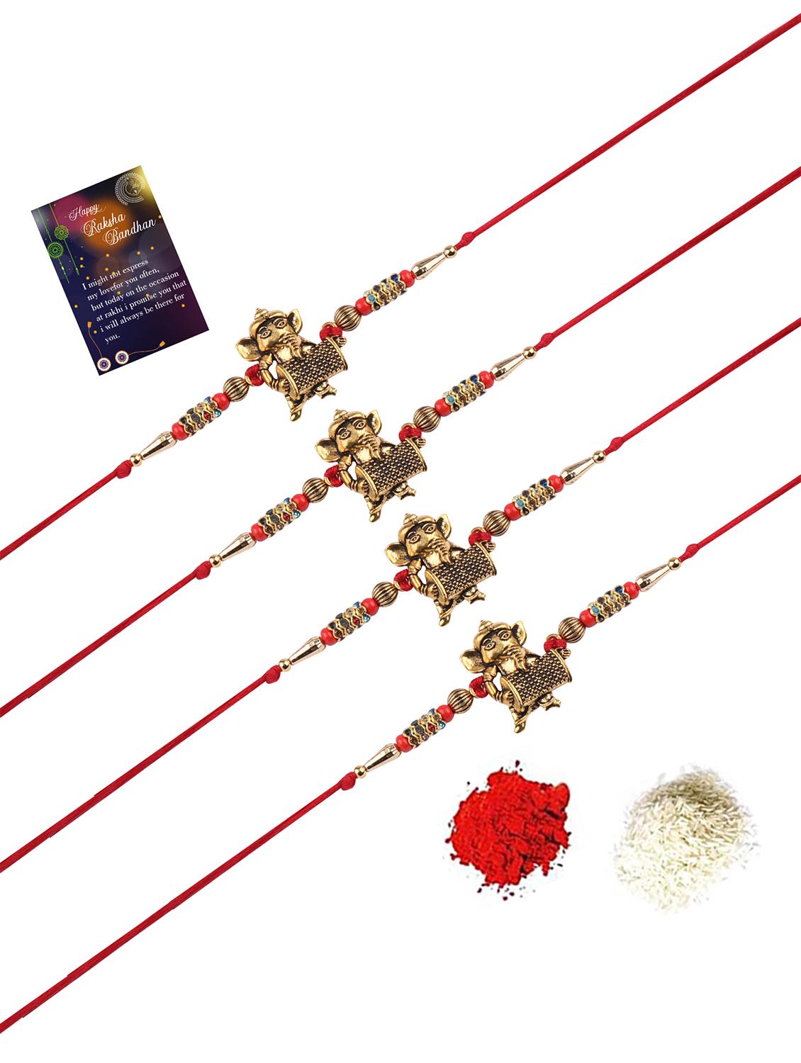 set of 4 gold plated thread rakhi with roli chawal kankawati thali and greeting card - 17900877 - Standard Image - 1
