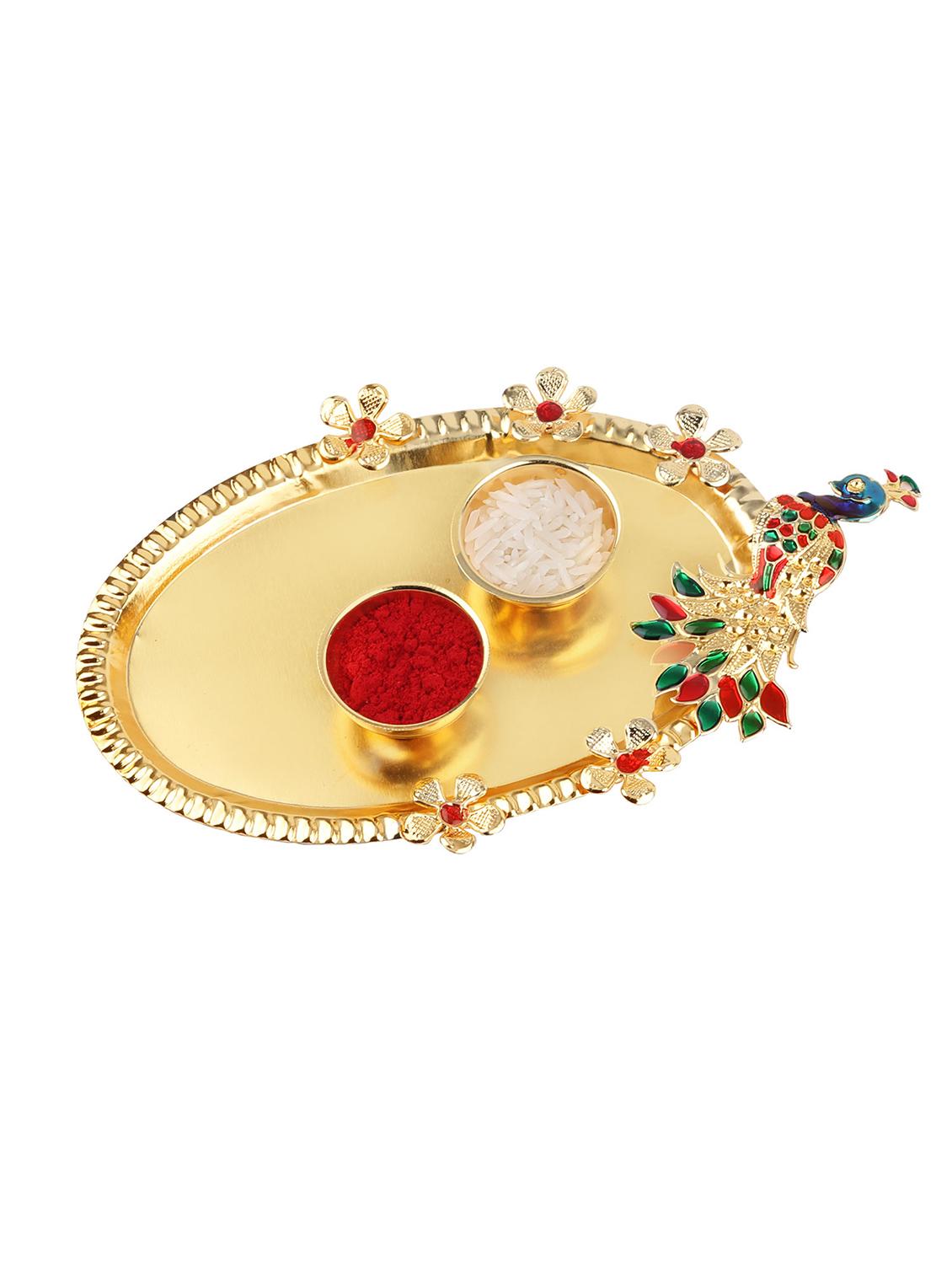 set of 5 gold plated thread rakhi with roli chawal kankawati thali and greeting card  - 17900878 -  Standard Image - 1