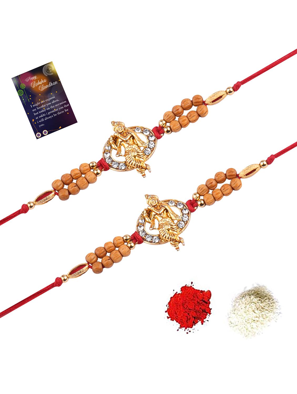 set of 2 gold plated thread rakhi with roli chawal kankawati thali and greeting card - 17900879 - Standard Image - 1