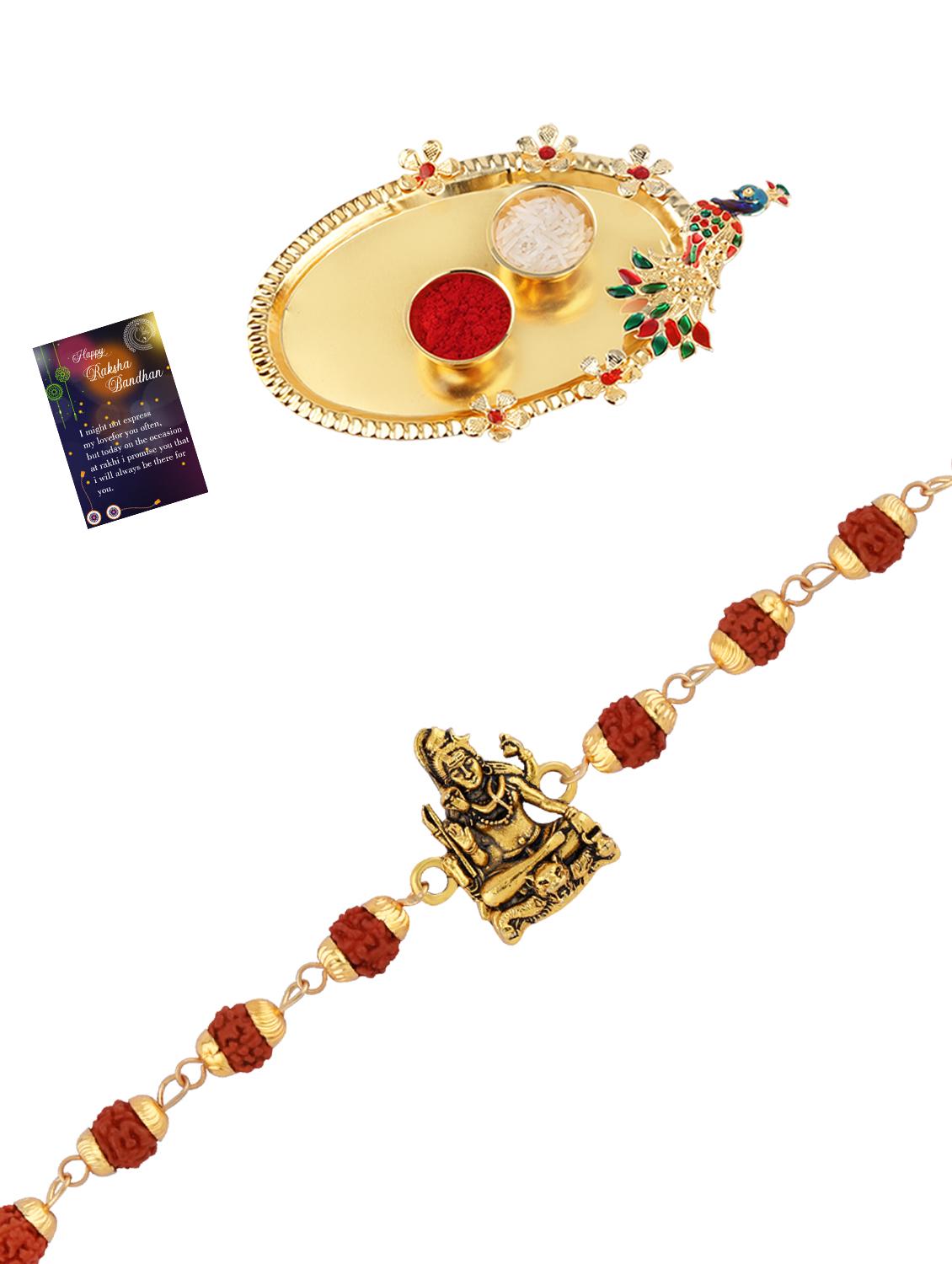 gold plated bracelet rakhi with roli chawal kankawati thali and greeting card - 17900915 - Standard Image - 1