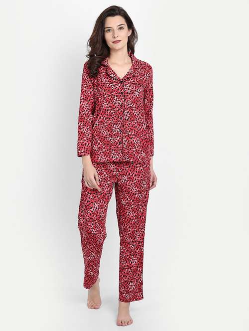 lapel neck animal print nightwear pajama set - 17901049 -  Standard Image - 0