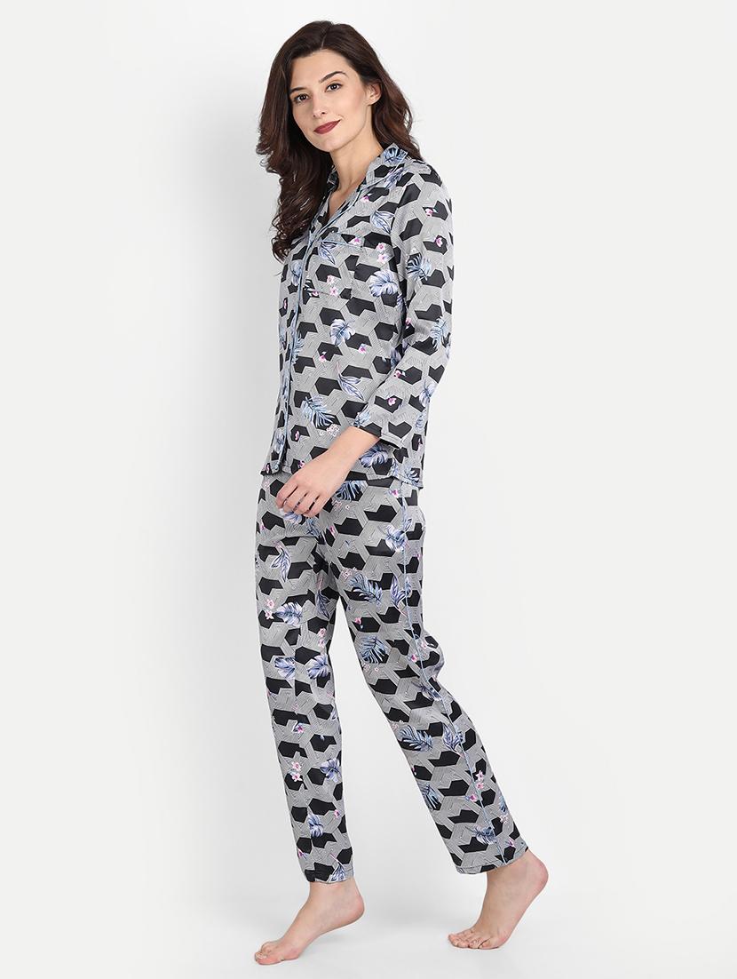lapel neck printed nightwear pajama set - 17901053 - Standard Image - 1