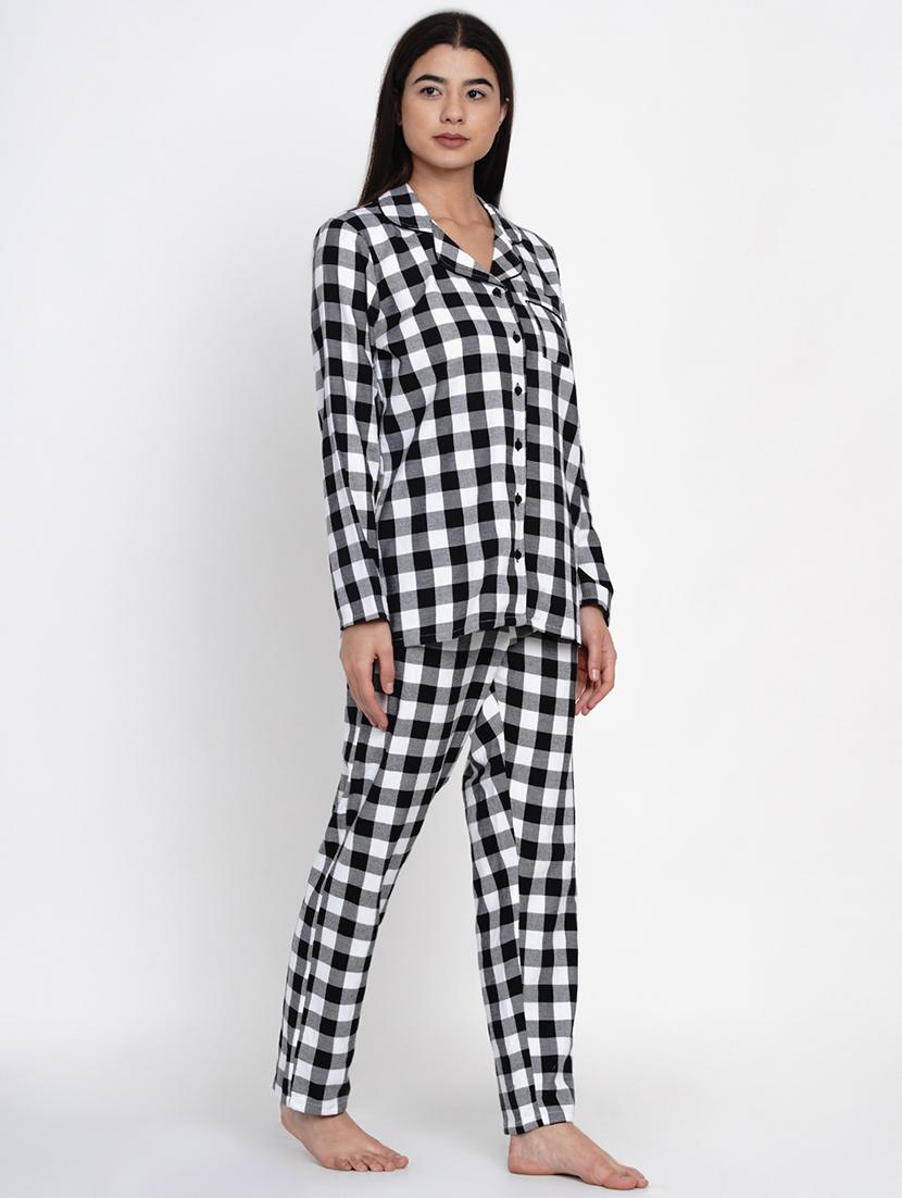 lapel neck checkered nightwear pajama set - 17901060 - Standard Image - 1