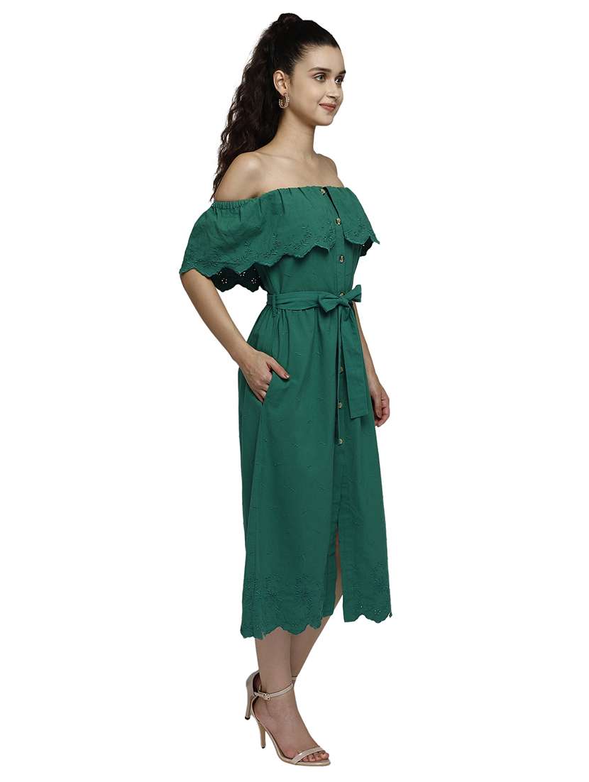 women green solid off shoulder dress - 17901083 -  Standard Image - 1