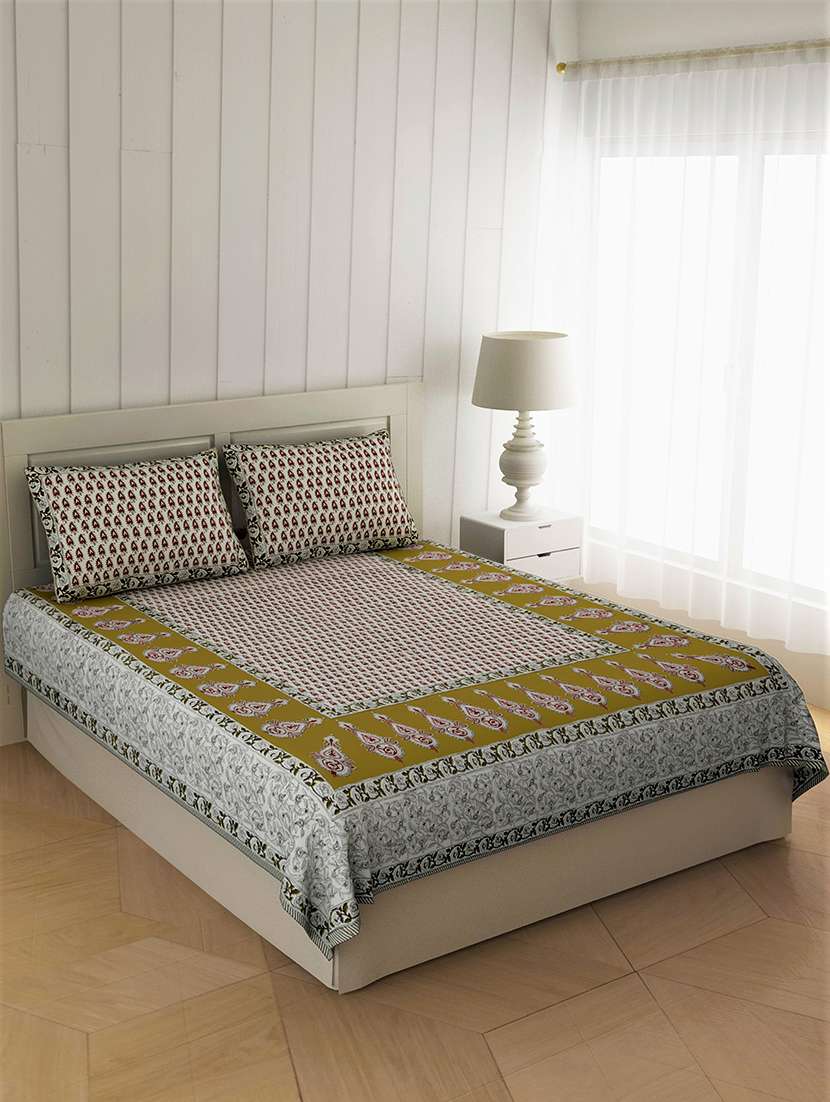 double bedsheet mehndi green printed cotton 2 pillow cover