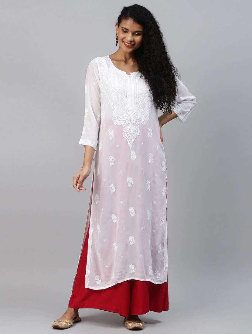 ada hand-embroidered white chikankari straight kurta 